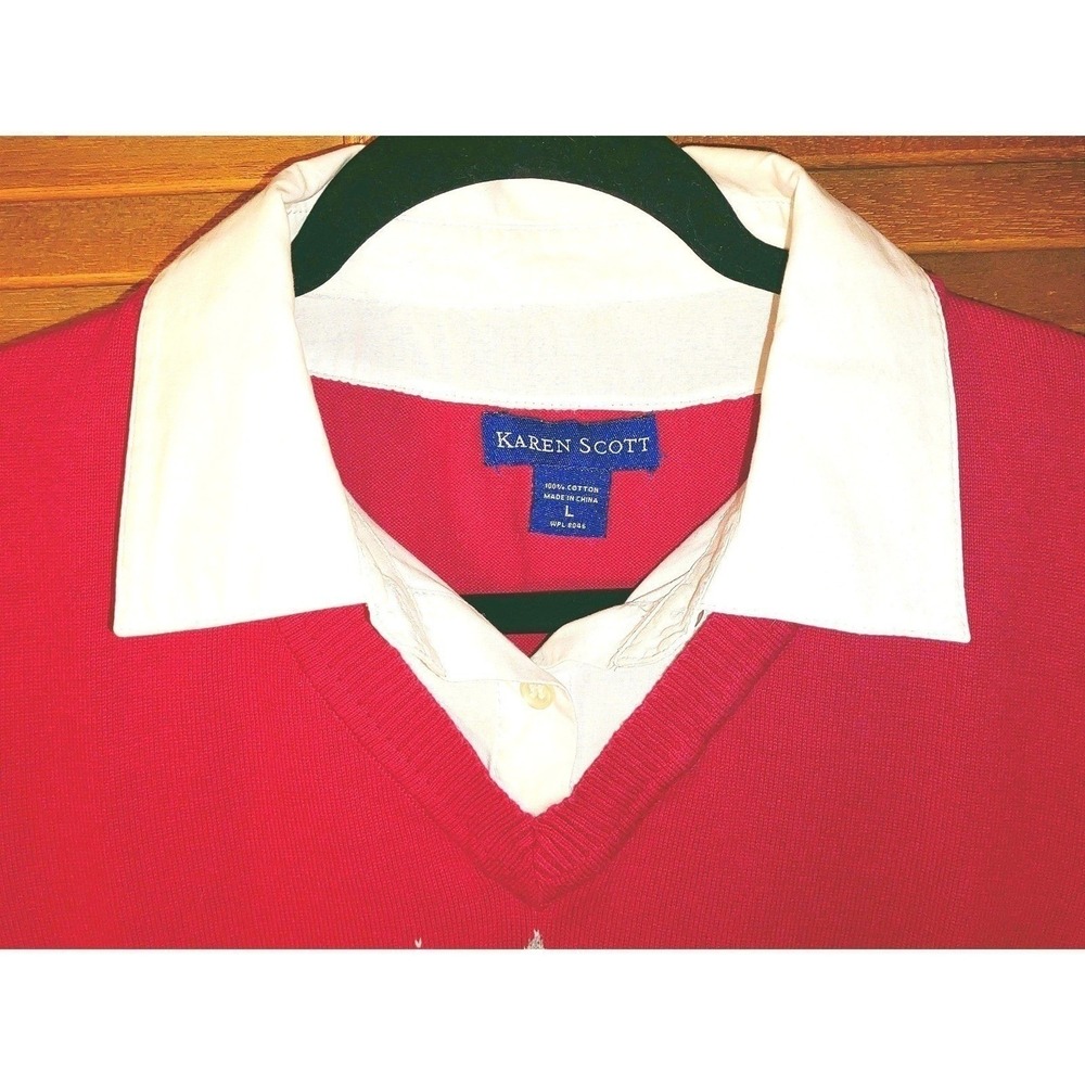 Y2K Cotton Argyle Sweater‎ Red Black French Cuff & Collar Layered Style - Large - Picture 6 of 8